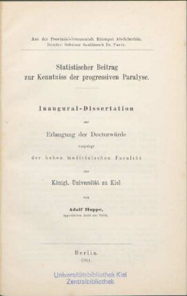 Statistischer Beitrag zur Kenntniss der progressiven Paralyse