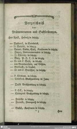 Verzeichniß der Pränumeranten und Subscribenten