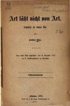 Art läßt nicht von Art : Lustspiel in 1 Act