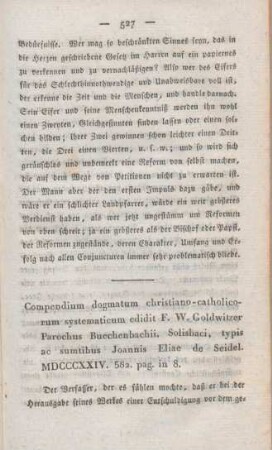 527-542 [Rezension] Goldwitzer, Franz Wenceslaus, Compendium dogmaticum christiano-catholicorum systematicum