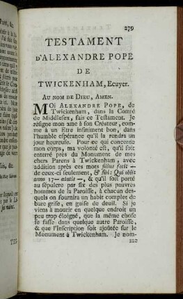 Testament D'Alexandre Pope De Twickenham, Ecuyer