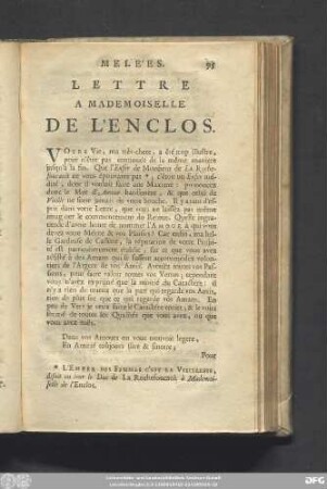 Lettre A Mademoiselle De L'Enclos.