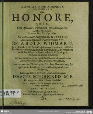 Disputatio Philosophica Inauguralis De Honore