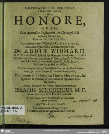 Disputatio Philosophica Inauguralis De Honore