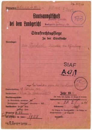 Angeklagter: Friedrich, Otto (Privatier), Offenburg *24.01.1875 in Offenburg; + ? Delikt: Rundfunkverbrechen Tatort: Offenburg Tatzeit: Juli-August 1941
