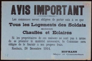 "Avis Important." Pflicht zum Heizen und Beleuchten von Soldatenunterkünften