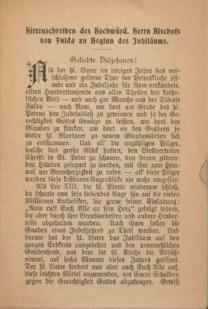 Hirtenschreiben des Hochwürd. Herrn Bischofs von Fulda zu Beginn des Jubiläums.