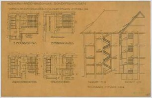 Fischer, Theodor; Sondershausen; Höhere Töchterschule - Vorschlag zur Verlegung der Haupttreppe (Grundriss EG, Grundriss Zwischengeschoss,Grundriss 1. OG, Grundriss 2. OG, Schnitt)