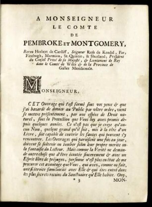 A monseigneur le Comte de Pembroke et Montgomery