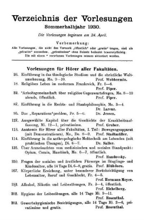 Verzeichnis der Vorlesungen Sommerhalbjahr 1930.