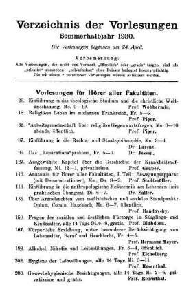 Verzeichnis der Vorlesungen Sommerhalbjahr 1930.
