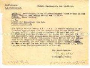 Schreiben der Gerätekammer an den Leiter der Verwaltung wegen Beschädigung eines Matratzenrahmens - Sachkonvolut