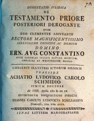 Dissertatio Ivridica De Testamento Priore Posteriori Derogante