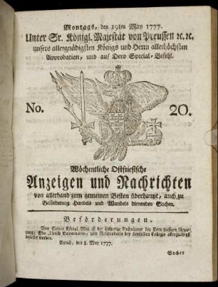 No. 20. Montags, den 19ten May 1777.