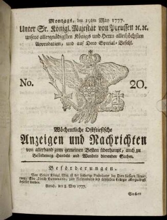 No. 20. Montags, den 19ten May 1777.