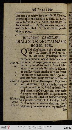 Joachimi Camerarii. Dialogus de Gymnasiis. Hospes. Puer