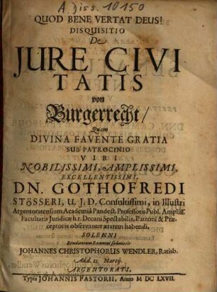 Disquisitio De Iure Civitatis = von Burgerrecht