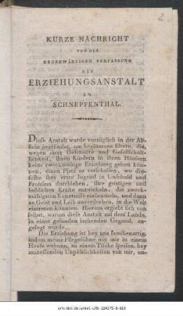 Kurze Nachricht Von Der Gegenwärtigen Verfassung der Erziehungsanstalt zu Schnepfenthal