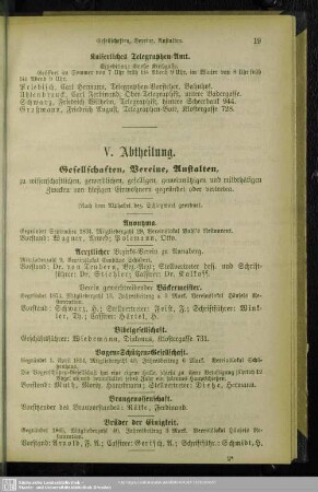 V. Abtheilung. Gesellschaften, Vereine, Anstalten