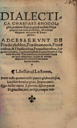 Dialectica Chaspari Rhodolphi, natione Suevi ... : Adcesservnt De Praedicabilibus, Praedicamentis ... Tabulae dilucidae ...