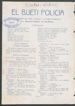 1922004900: El buen policia : comedia en dos actos y cuatro cuadros