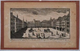 Der Altmarkt in Dresden nach Norden mit Schlossstraße und Schössergasse, mit Droschken und Sänfte, Teil einer Reihe Dresdner und sächsischer Ansichten von Schlitterlau um 1770