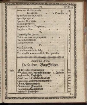 Sectio XXI. De Salibus, Von Saltzen. - Sectio XXX. De Ponderibus Medicinalibus. Vom Apotheker Gewicht, wie es von den Medicis verschrieben wird.