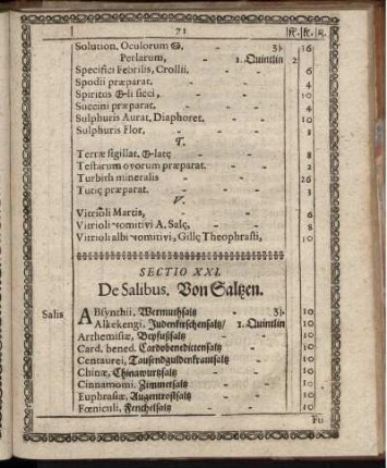 Sectio XXI. De Salibus, Von Saltzen. - Sectio XXX. De Ponderibus Medicinalibus. Vom Apotheker Gewicht, wie es von den Medicis verschrieben wird.