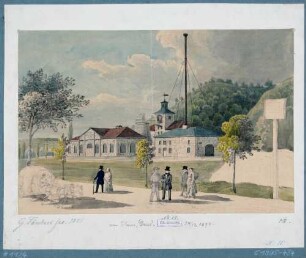 Spaziergänger vor der König Friedrich August-Hütte (Eisenhammer) in Potschappel (Freital) im Plauenschen Grund
