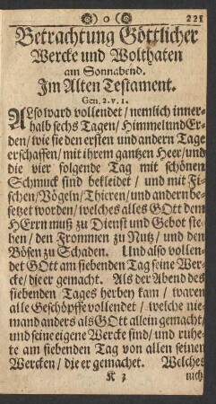 Betrachtung Göttlicher Wercke und Wolthaten am Sonnabend.