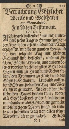 Betrachtung Göttlicher Wercke und Wolthaten am Sonnabend.
