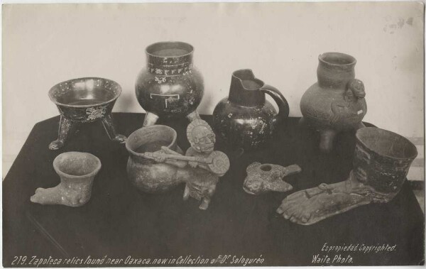 Eight clay objects: painted vessels or figure vessels (Collection of Dr Sologurén)