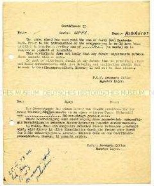 Bescheinigung über die Auszahlung von 40,- DM nach der Währungsreform 194 (englisch und deutsch)