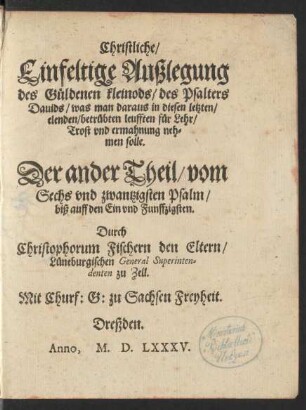 Th. 2: ... vom|| Sechs vnd zwantzigsten Psalm,|| biß auff den Ein vnd Funfftzigsten