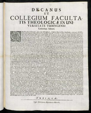 Decanus Et Collegium Facultatis Theologicae In Universitate Tubingensi Lectoribus Salutem