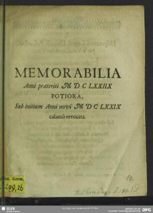 Memorabilia anni praeteriti MDCLXXIIX potiora, sub initium anni novi MDCLXXIX calamo revocata