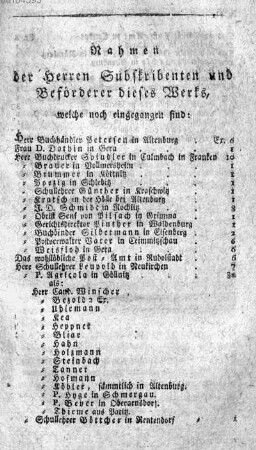 Nahmen der Herren Subskribenten und Befoerderer dieses Werks