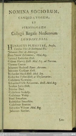 Nomina Sociorum Candidatorum, Et Permissorum Collegii Regalis Medicorum Londinensis
