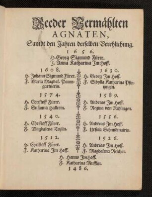 Beeder Vermählten Agnaten, Sambt den Jahren derselben Verehlichung