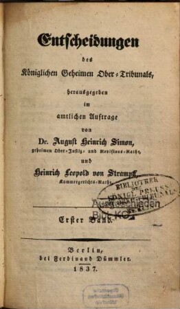 Entscheidungen des Königlichen Obertribunals. 1. 1837