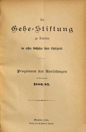 Programm der Vorlesungen im Wintersemester .... 1886/87 (1886)