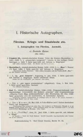 I. Historische Autographen (Nr. 1-615)