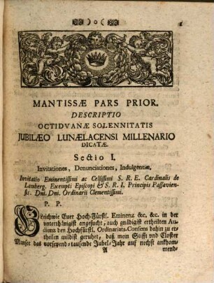 Mantissa Chronici Lunae-Lacensis Bipartita : Cuius Pars Prior descriptionem Iubilaei Millenarii recens celebrati: Pars Posterior Catalogum Manuscriptorum Lunaelacensium Ab Aerae Christianae Saeculo IX. ad XVI. proponit
