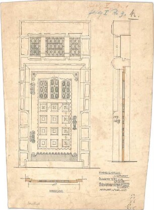 Dolmetsch, Heinrich; Stuttgart; Markuskirche - Äußere Tür zur Sakristei (Grundriss, Ansicht,Schnitt)