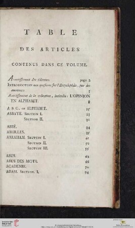 Table des articles contenus dans ce volume