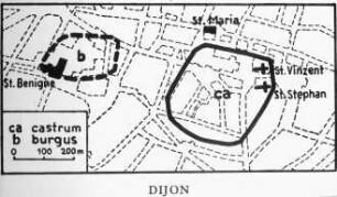 Dijon, Ausschnitt Grundrissskizze mit Kirchen, Castrum und Burgus