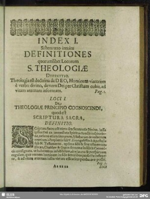 Index I. Sistens uno intuitu Definitiones quorumlibet Locorum S. Theologiae