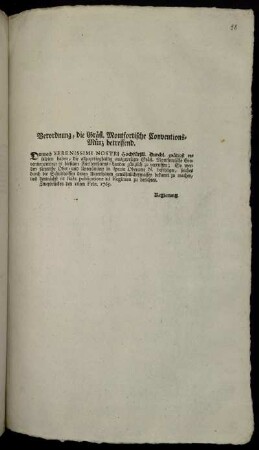 Verordnung, die Gräfl. Montfortische Conventions-Münz betreffend : Zweybrücken den 16ten Febr. 1765.
