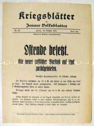 Extrablatt des "Jenaer Volksblattes" zur Besetzung der belgischen Stadt Ostende