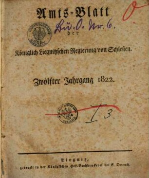 Amts-Blatt der Preußischen Regierung zu Liegnitz. 1822 = Jg. 12